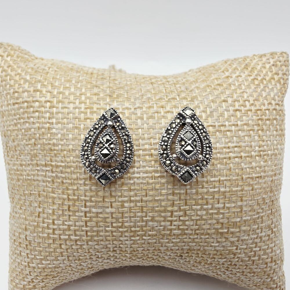 Vintage Sterling Silver Marcasite Stud Earrings Art Deco Style